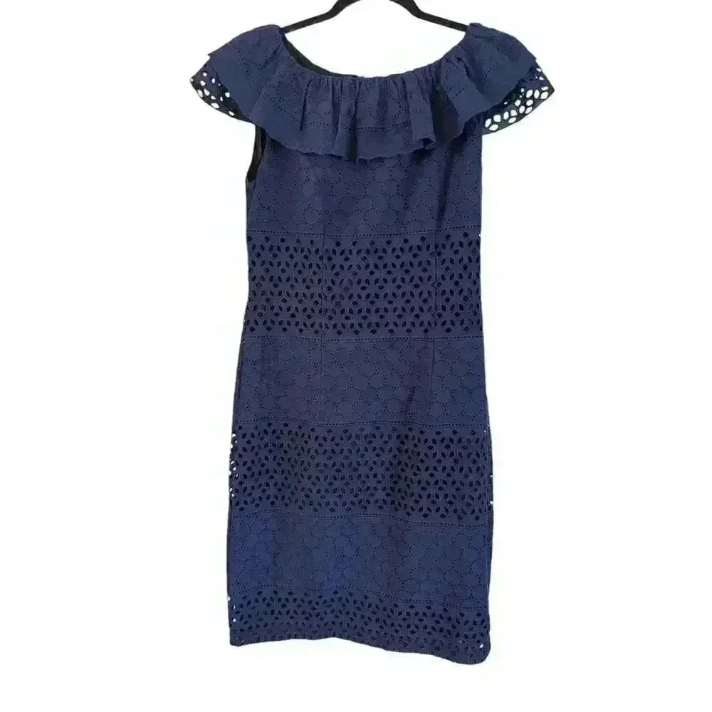 Karl Lagerfeld Cotton EYELET Navy Blue Dress with Ruffle Collar Size 4 Back Zip